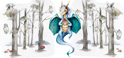 Knight, dragon and castle watercolor illustration. Fabulous mystical story of a knight. Landscape design in cartoon style