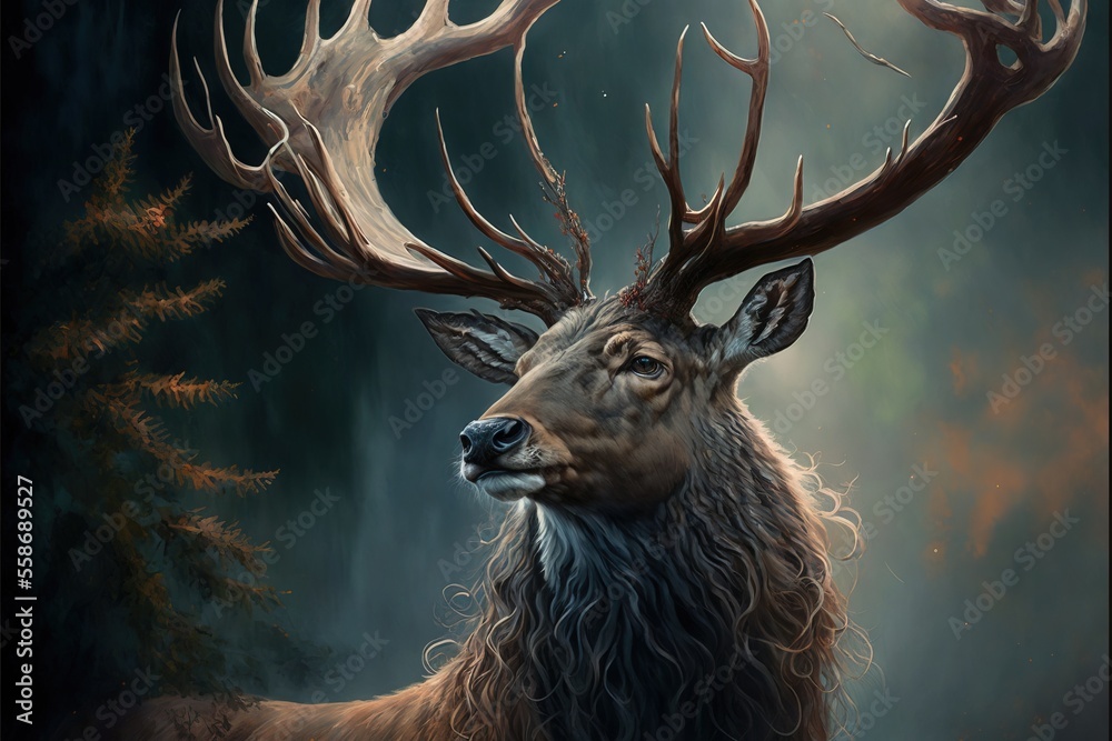 Wall mural a painting of a deer with large antlers on it's head and a forest in the background with trees in th