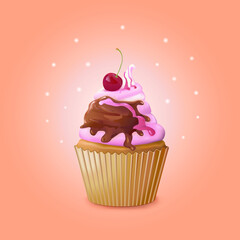 Cake or cupcake with cream, chocolate cream, berry jam and cherries with a scattering of glowing dots on a square light orange background. Bakery. Happy Valentine's Day. Vector illustration.
