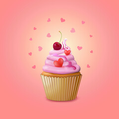 Cake or cupcakes with cream, berry jam and cream hearts or muffins or marshmallows and cherries with a scattering of hearts on a square pink background. Valentine's day. Vector illustration.