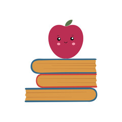 Stack of books with red apple in kawaii style. Vector illustration isolated on white background. Education concept