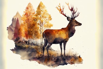 a painting of a deer standing in a forest next to a lake with trees in the background and a few leaves on the ground and a few branches on the ground, with a few.