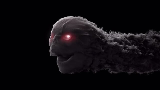 Flying smoke skull with glowing red eyes with alpha channel
