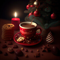 Obraz na płótnie Canvas Christmas, coffee and Christmas tree decoration in red cups