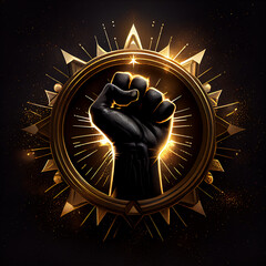 A clenched black fist raised into the sky encircled in a golden halo with shiny glitter and glow effects. A symbol of Black Lives Matter. Generative AI.