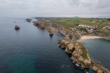 Aerial view of the Flysch geological coastline, Flysch formations in Santander in the Basque...