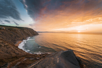 Sunset at the Flysch coastline, Barrika beach near Bilbao in the Basque Country, Spain