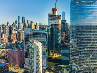 Aerial View of Downtown Chicago - High rise buildings - skyscrapers - River views