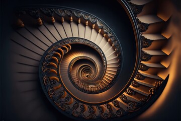 a spiral staircase in a dark room with a light coming through it and a spiral staircase in the middle of the room with a light coming through the top of the spiral stairs,.