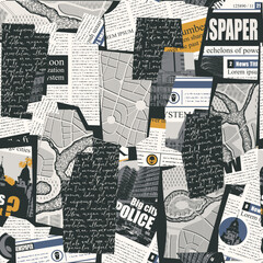 Seamless pattern with collage of newspaper or magazine and map clippings. Retro style vector background with titles, illustrations and imitation text. Suitable for wallpaper design, wrapping paper