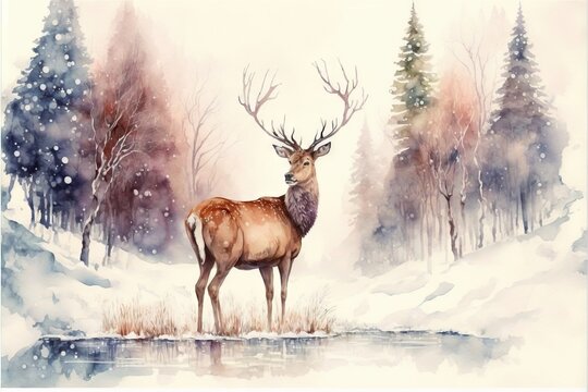 a painting of a deer standing in the snow by a pond with trees and snow on the ground and snow on the ground and snow on the ground, and trees, and snow on the ground.