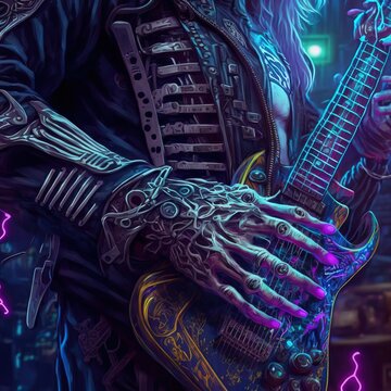 skeleton playing guitar on stage. Neon light. Generative AI