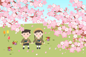 かわいい桜の花と、それを見上げる男の子と女の子
