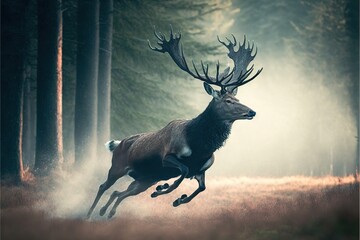a deer running through a forest in the foggy morning light, with antlers on its back and antlers in the air, in the foreground, with trees in the background.