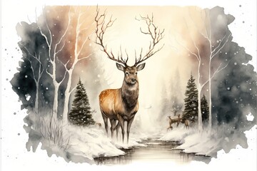 a painting of a deer standing in a snowy forest with a stream running through the woods, with trees and snow on the ground, and a stream running through the woods, with snow. Generative AI