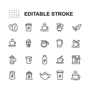 Simple Set of Icons Related to Coffee and Tea. Contains such icons as Coffee Beans, Fresh Press, Cup, Latte and more. Editable Stroke.