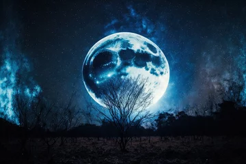 Wall murals Full moon and trees Dark mysterious forest with full moon. Night fantasy forest. fantasy scenery. Generative AI