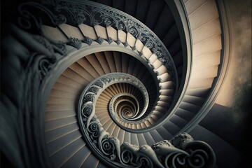a spiral staircase in a building with a skylight in the middle of the spirals of the staircase is a white and black photo of a spiral staircase in the center of the picture.