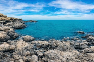 Generative AI landscape beautiful beach. Seashore Under Blue Calm Sky during Daytime.