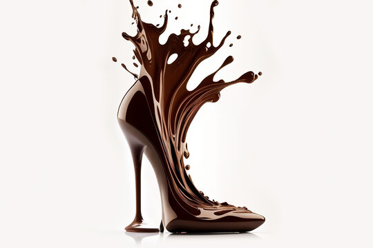 Close up liquid chocolate crown splash in formed court shoe, shoe shaped liquid chocolate isolated on white background.