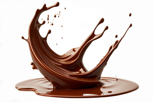 Close Up Pouring Liquid Chocolate Crown Splash In A Liquid Chocolate Pool With Circle Ripples Side View, Isolated On White Background.
