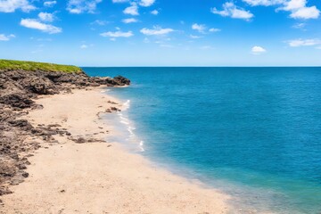 Fototapeta na wymiar Generative AI landscape beautiful beach. Seashore Under Blue Calm Sky during Daytime.
