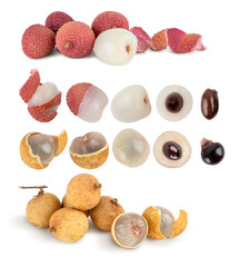 Set fresh longan and lychees the skin is cut, whole, cut in half, with bone isolated on white background. Clipping Path. Full depth of field.