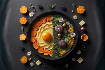 a plate of food with oranges and other food items on a black surface with flowers and leaves around it and an egg in the middle of the plate is surrounded by oranges and.
