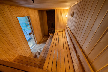 wooden sauna interior wood-fired sauna with LED lighting 2021