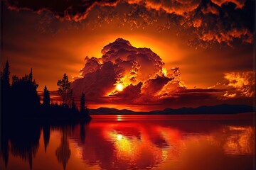 a red sunset with clouds and trees reflected in the water and a large cloud in the sky over a lake with a mountain in the distance and a red sky with a few clouds above.
