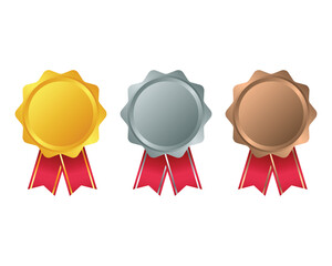 Gold, silver and bronze medals with red ribbon, winner prize, sports competition trophy awad vector. Trophy illustration