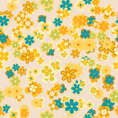 Colorful floral seamless pattern. Groovy flowers vector illustration, hippie aesthetic. Funny multicolored print for fabric, paper, any surface design. Psychedelic wallpaper