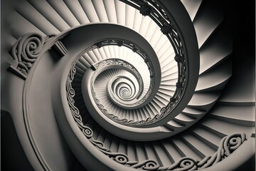 a spiral staircase in black and white with a spiral design on the bottom of the spiral staircase, looking down at the bottom of the spiral staircase, and the top of the spiral staircase.