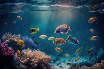 Naklejka premium Bunten Fische im Riff über Korallen im Roten Meer (Generative AI)