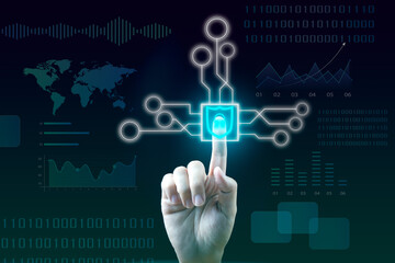Finger touch a virtual screen to unlock and access information. Protection network computer and safe data, cyber security, user privacy, encryption firewall gesture interface technology.