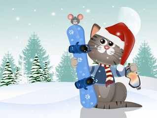 illustration of cat with snowboard in winter
