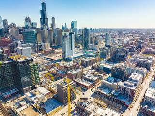 Fototapeta na wymiar Aerial View of Downtown Chicago - High rise buildings - skyscrapers - River views