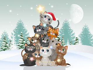 funny illustration of cats celebrate Christmas © adrenalinapura