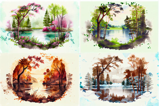 Beautiful water colour landscape paintings depicting a forest and lake during the four seasons: Spring, Summer, Fall & Winter. Generative AI.