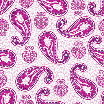 Valentines day floral seamless vintage pattern with pink hearts and paisley and flowers