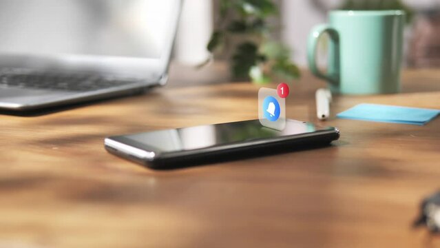 smart phone mobile on desk showing push notification on screen,3d icon graphic animation coming out from smartphone