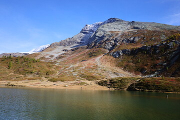 View on a lake in the Simplon Pass is a high mountain pass between the Pennine Alps and the Lepontine Alps in Switzerland.