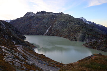 View on a lake in the Grimsel Pass which is a mountain pass in Switzerland, crossing the Bernese Alps at an elevation of 2,164 metres