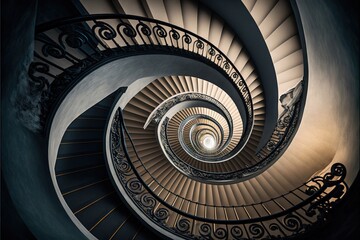 a spiral staircase in a building with a light at the end of the spiral staircase, looking down at the floor and the top of the railings of the stairs, with a bright light at the end. generative ai