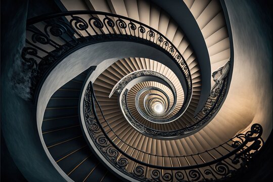 A Spiral Staircase In A Building With A Light At The End Of The Spiral Staircase, Looking Down At The Floor And The Top Of The Railings Of The Stairs, With A Bright Light At The End. Generative Ai