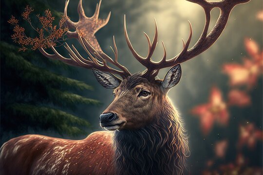 a painting of a deer with antlers on it's head in a forest with trees and snowflakes on it's sides and a full moon in the sky behind it.