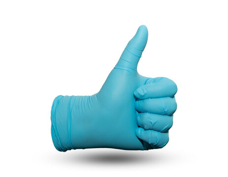 hand in nitrite glove thumb up for like good sign in medical surgery isolated on white with clipping path