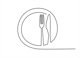 One continuous line plate, knife and fork. Vector illustration minimalism style drawing lineart isolated on white background.