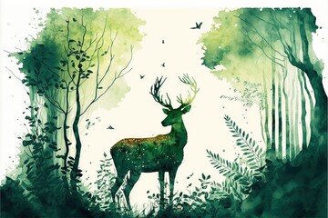 a painting of a deer in a forest with trees and birds flying around it and a bird flying above the deer's head, and the picture is in the foreground is a white background.