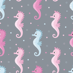 Seamless pattern with cute cartoon seahorses. Endless background with  inhabitants of the underwater world.